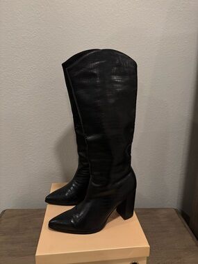Bellini Black Faux-Croc Knee-High Pointed Toe Boots